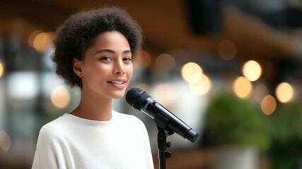 A teacher encouraging participation on stage with a microphone