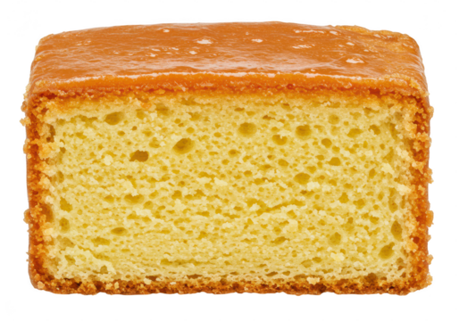 A closeup view of a delicious slice of pound cake with a glossy glaze, isolated on a transparent background