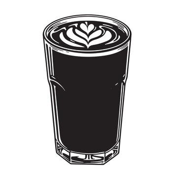Classic monochrome illustration of a latte macchiato coffee drink with elegant heart shaped latte art