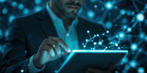 Executive leveraging data analytics on a digital tablet for insights