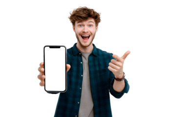 Casual Young Man Holding Smartphone with Empty Screen