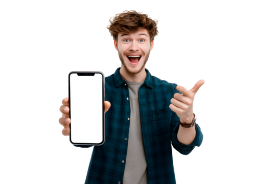 Casual Young Man Holding Smartphone with Empty Screen