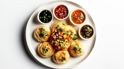 Culinary Delight: An artfully arranged platter showcases a diverse array of savory appetizers, each crowned with a unique, vibrant topping, alongside a colorful selection of dipping sauces.
