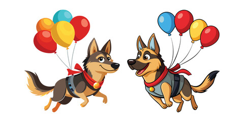 German Shepherd Flying with Colorful Balloons Tied to Its Back Vector Illustration, Cute Dog Floating, Fun Animal Artwork, Whimsical Pet Design, Airborne Puppy Art