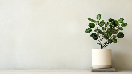 Clean design with leafy plant in bright pot soft ivory backdrop minimalist setting