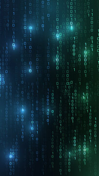 Vector digital code rain in a Matrix inspired futuristic style. High-tech backdrop with glowing binary characters. Binary Software Programming Code Background. Digital Data Technology Concept.