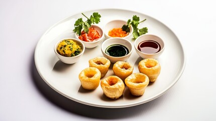 Savory Delights: A culinary presentation showcasing a variety of delectable Indian snacks, including hollow puri shells with flavorful dips, garnished with fresh herbs, a feast for the senses.