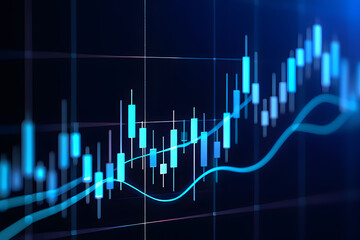 Abstract blue financial chart with uptrend line and candlestick graph background