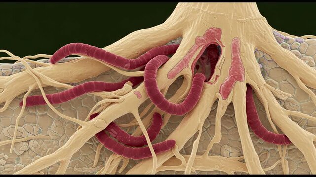 Scene of parasitic worms invading a plant root system, with micro visualization of root damage and worm movement