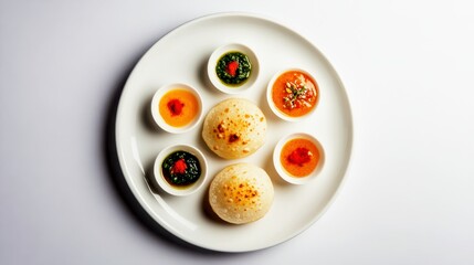 Delightful Culinary Harmony: A top-down view of a plate featuring a delightful arrangement of freshly baked goods. Served with an array of flavorful sauces, it is a visual feast.