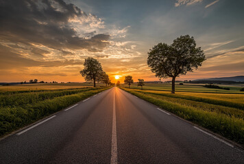 A long road leading into the distance, with green fields on both sides and trees along it