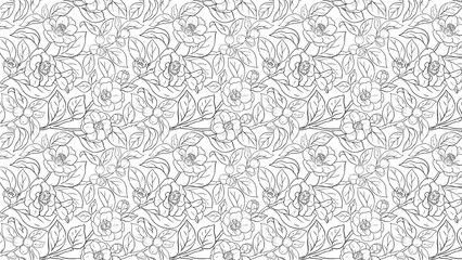 Seamless floral pattern with camellias and berries in outline style on a white background