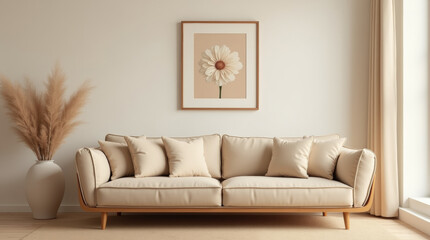 Interior of a room in beige colors with a soft sofa, a picture with a flower on the wall, a pampas in a vase