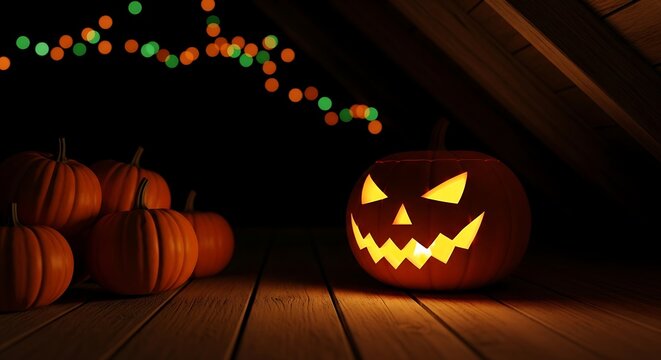 Spooky Halloween Jack-o'-lantern glows in dark attic with pumpkins and bokeh lights. - Powered by Adobe