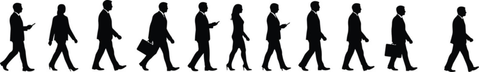 Silhouettes of business professionals commuting with smartphones, briefcases, in office attire, symbolizing technology, corporate lifestyle, mobility, communication, teamwork