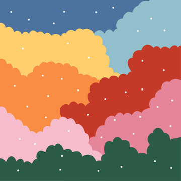 Hand drawn Multicolor Background Night Sky With Stars and Clouds