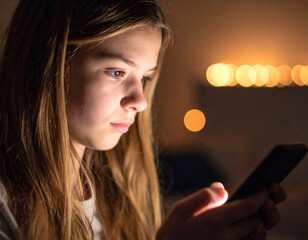 Teen girl expresses concern while checking smartphone in dimly lit room filled with soft lights during the evening