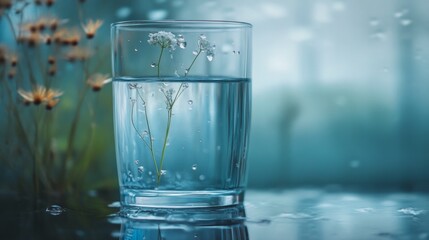Glass of fresh water with outdoor reflections on calm blue background for hydration health visuals product nature concept