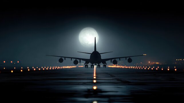 Airplane silhouetted against a full moon on a runway at night