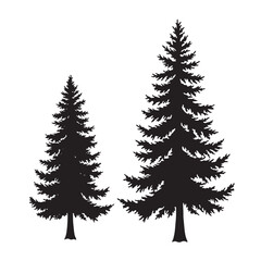 Obraz premium Silhouette illustration of two evergreen coniferous trees in black color representing nature and outdoor concepts.