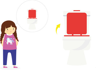 Cute little girl is standing near the toilet. Vector illustration.