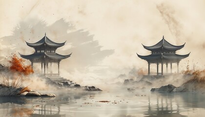 Minimalist Abstract East Asian Landscape With Two Pagodas