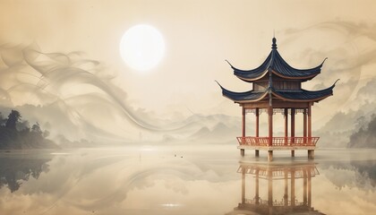 Serene Chinese Pagoda Above Tranquil Reflective Lake