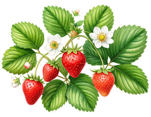 Vintage Botanical Illustration of Strawberry Plant with Blossoms and Ripe Fruit PNG