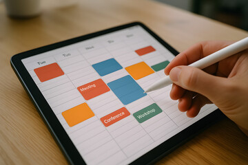 Hand using stylus to organize digital calendar on tablet for meetings, conferences, and workshops