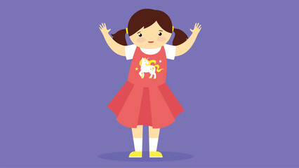 Cute little girl in a red dress. Vector illustration in cartoon style.