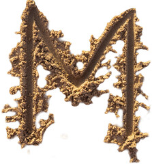 Alphabet (M) letters handwritten in sand on beach