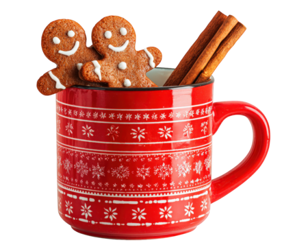Red mug with festive pattern filled with two gingerbread cookies and cinnamon sticks, evoking cozy holiday atmosphere and cheerful winter mood
