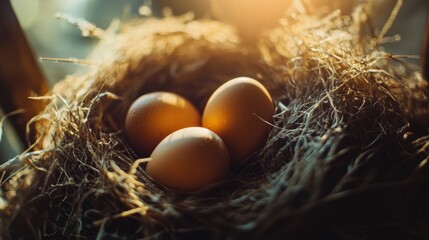 Rustic hay nest holding fresh brown eggs for farm visuals organic food countryside lifestyle nutrition traditional agriculture