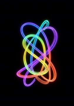 a dynamic visual effect. Abstract swirling energy trails form a glowing abstract oval shape with vibrant colors. Light in motion a dark background, 3D render of glowing light trails in vibrant rainbo