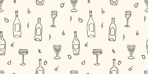 Vector hand drawn trendy wedding cocktails, wine glasses and bottles outline illustration. Elegant flat minimalist seamless pattern for wedding invitations, menu design