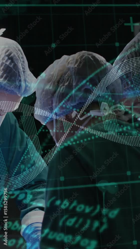 Poster surgeons performing operation with digital dna and data overlay animation