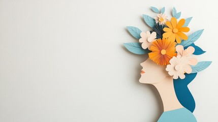 Elegant paper cut art of a woman's profile surrounded by vibrant flowers, celebrating femininity on International Women's Day.