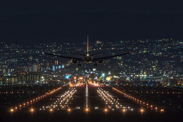 Obraz premium Airplane landing at night on a runway with city lights in the background