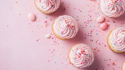 Pink cupcakes with sprinkles arranged on pastel background for bakery celebration sweet dessert styled food photography
