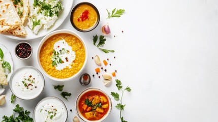 Culinary Canvas: An overhead shot of vibrant Indian cuisine artfully arranged against with copy space, featuring bowls of dal, curry, naan bread, yogurt, garnished with fresh herbs and spices.