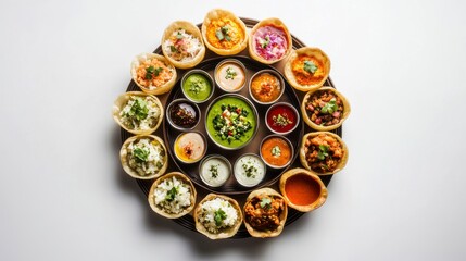 Colorful Culinary Collection: A vibrant array of meticulously arranged dishes, presented on a wooden tray. Showcasing a variety of culinary delights and textures, shot from an eye-level perspective.