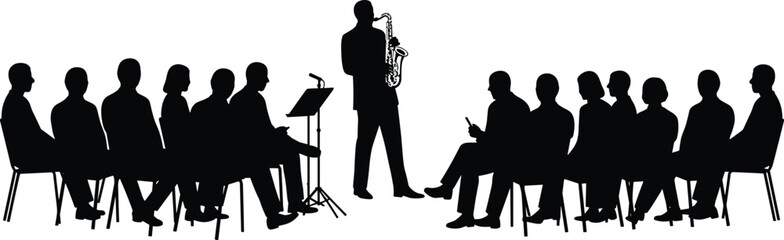 Silhouette of saxophonist performing live on stage, music concert atmosphere, audience engagement, artistic entertainment, spotlight performance, vector illustrationt