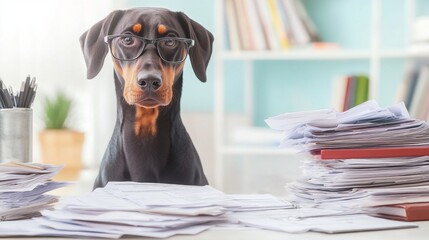 Confused Doberman wearing glasses gazes at overwhelming pile of paperwork and tax documents on a cluttered desk