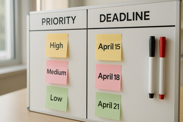 Office whiteboard with priority and deadline sticky notes for task management and organization