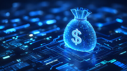 Digital Money Bag on Circuit Board Background Technology and Finance