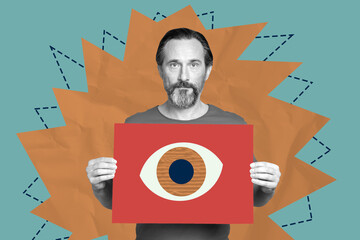 Collage of stressed person under large symbolic eye representing surveillance spying fear control...