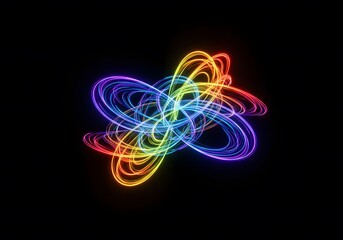 3D render of glowing light trails in vibrant rainbow, dynamic visual effect.  Abstract swirling energy trails form a glowing abstract oval shape with vibrant colors. Light in motion a dark background