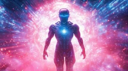 Fototapeta premium Futuristic robot figure in a vibrant energy explosion