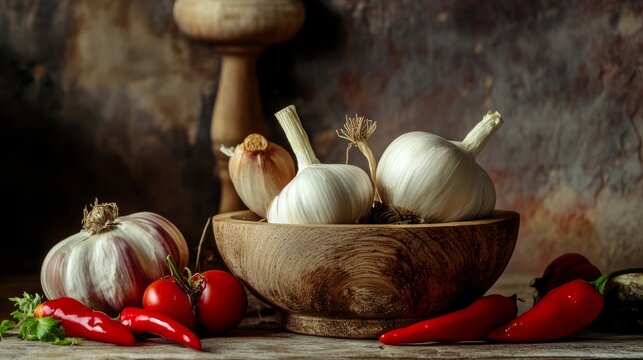 Fresh vegetables and spices arranged with mortar and pestle on rustic kitchen table for cooking inspiration