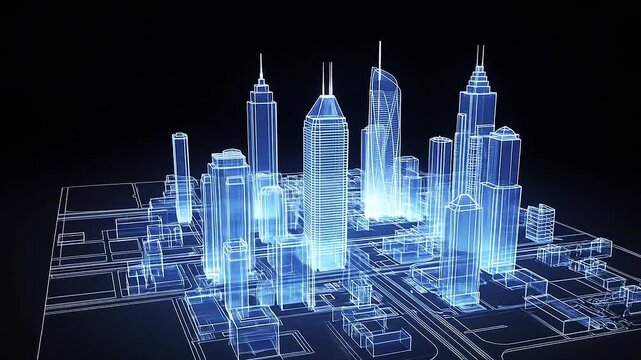 City planning projection with glowing holographic outlines of skyscrapers - Powered by Adobe